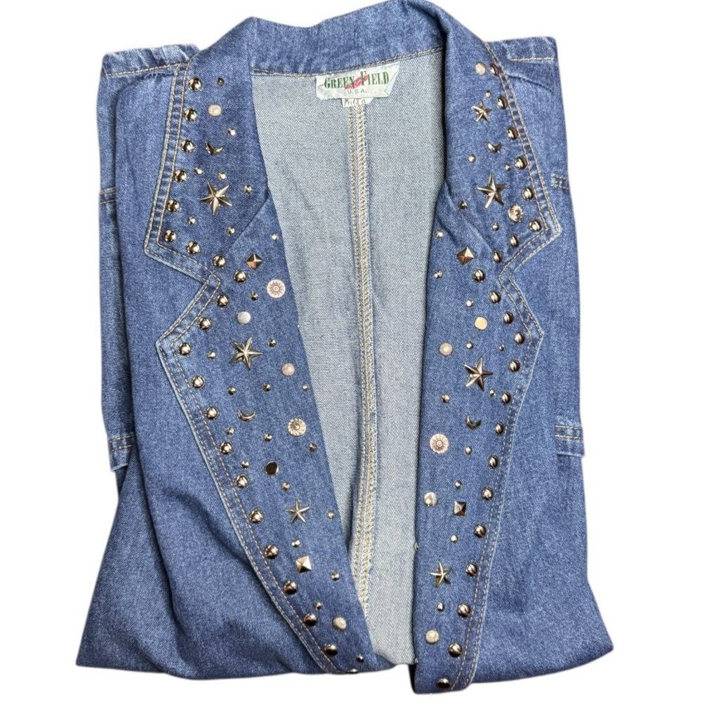 Green Field Studded Denim 90s Vintage Celestial Jacket - Picture 11 of 14